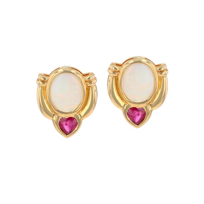 Boucles d'oreilles rubis 0.52 carat et opales or jaune 2.73g Comme neuf -  reconditionné disponible sur Gemme Les Bijoux
